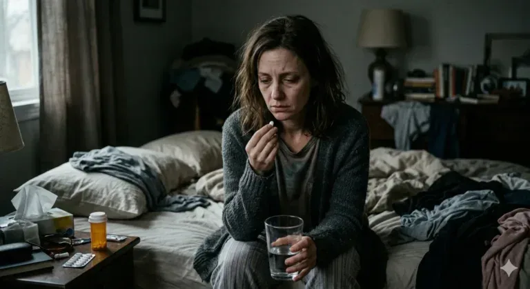 Depresyondaki kadın ilacını alıyor